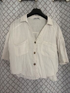 Zara white linen Short-Sleeve Button Front Pocket Shirt